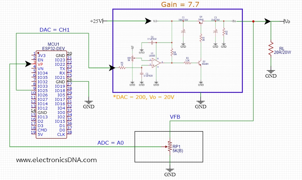 ESP32 DAC and ADC Control DC Power Supply