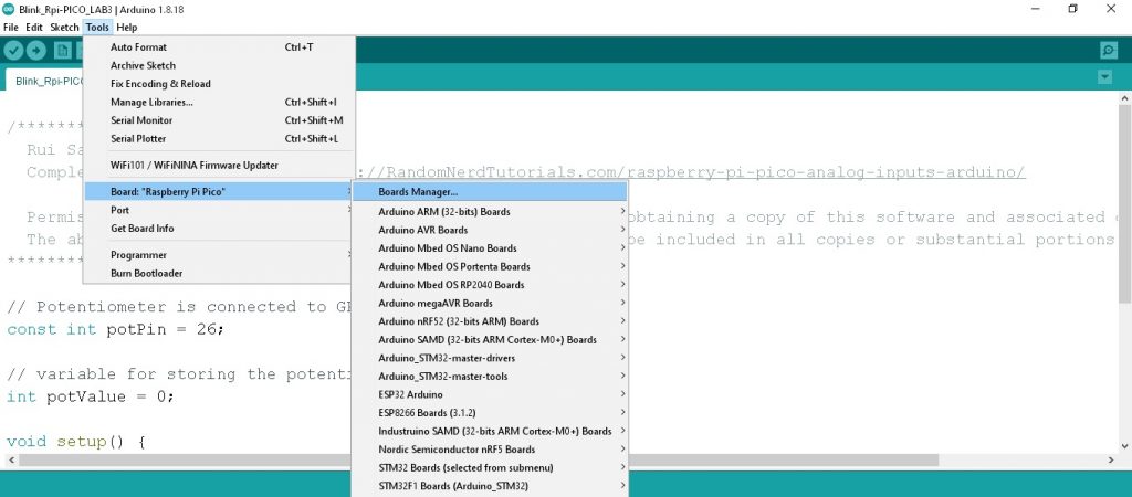 Raspberry Pi Pico Microcontroller Arduino IDE 