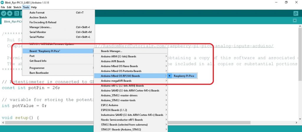 Raspberry Pi Pico Microcontroller Arduino IDE 